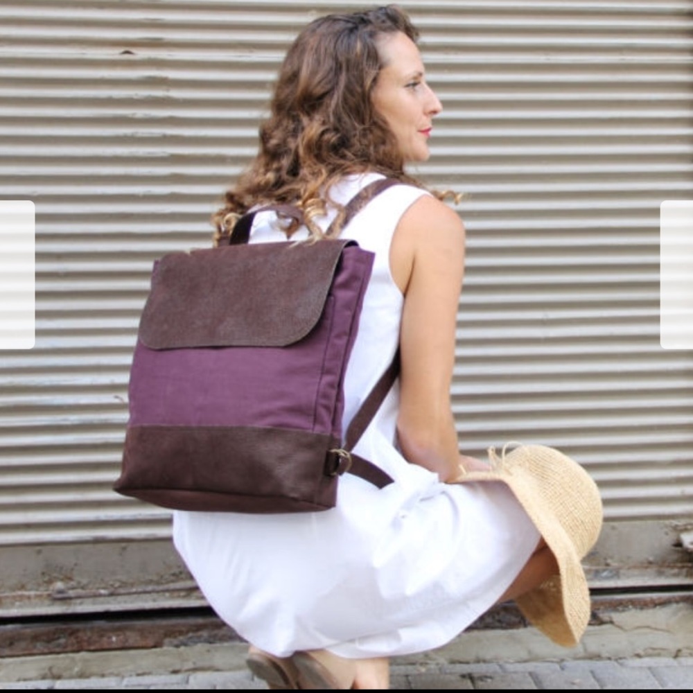 Purple & brown leather backpack/laptop tote